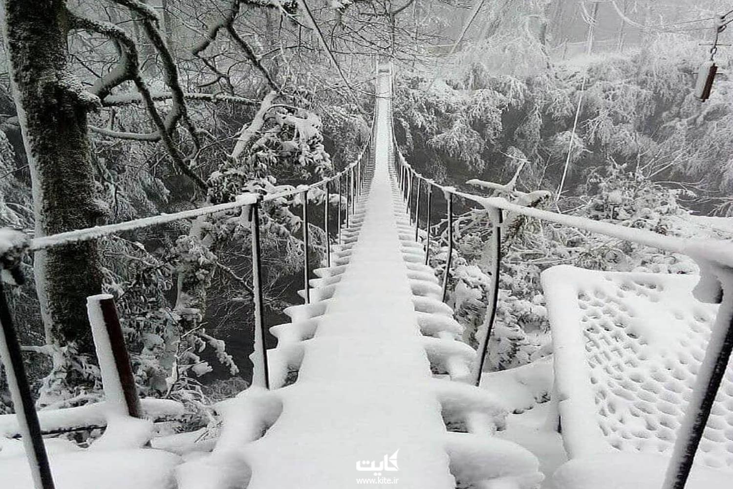 پل معلق نمک آبرود در زمستان و پوشیده از برف